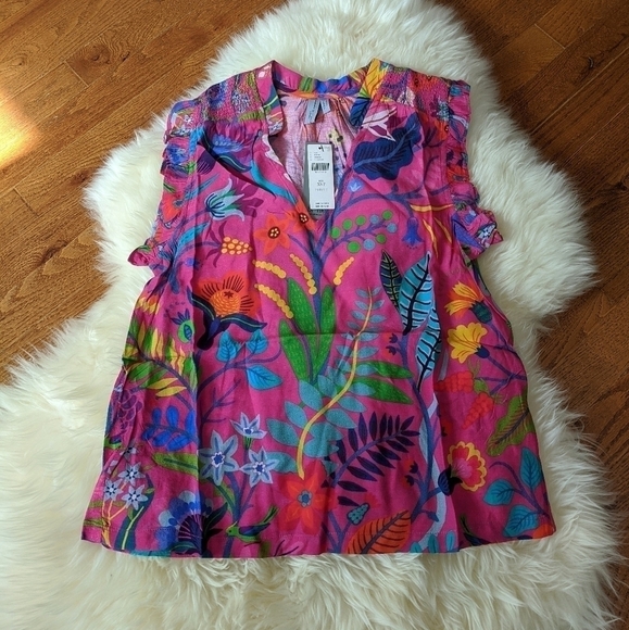 ANTHROPOLOGIE bl nk averio tropical print ruffled tank blouse - Picture 3 of 8